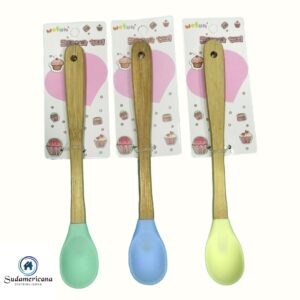 CUCHARA DE SILICONA MANGO MADERA 21CM